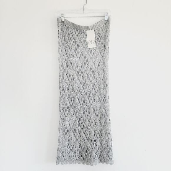 Zara Metallic Silver Open Knit Embroidered Mesh Skirt Midi / Maxi Size Large - Picture 4 of 9